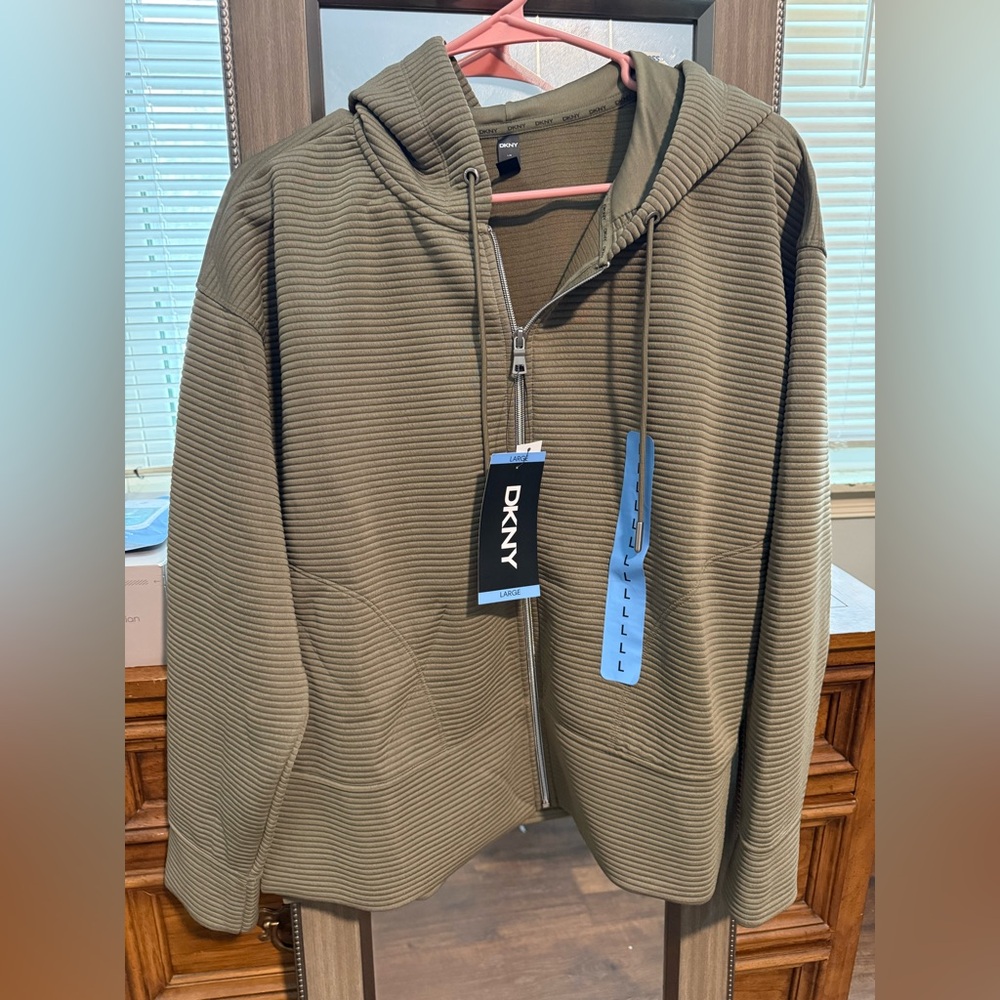 DKNY Ribbed Olive Full Zip Hoodie with pockets